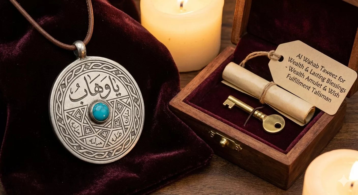 A silver taweez pendant beside a written scroll