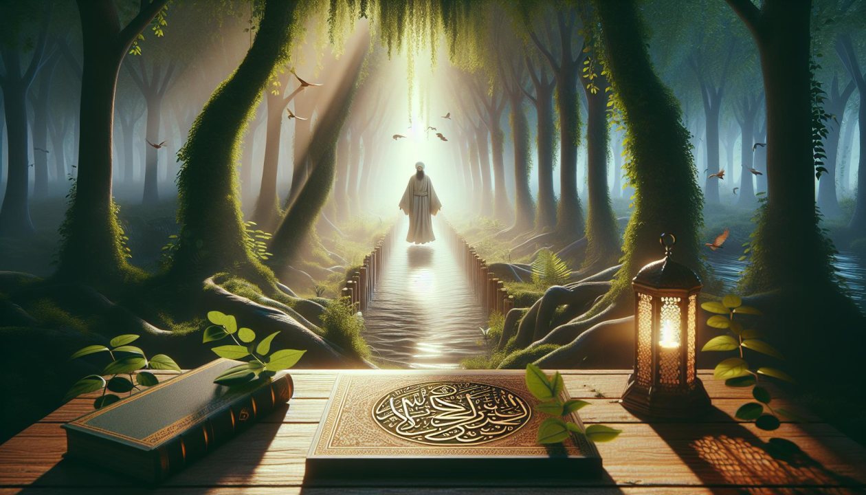 A seeker walking a lantern-lit path through a forest