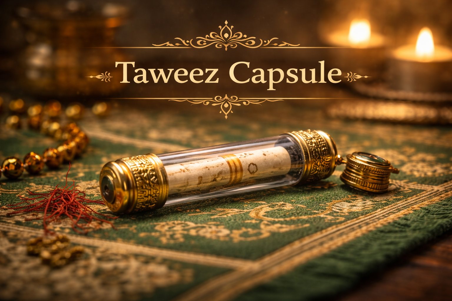 A taweez capsule on a green prayer rug